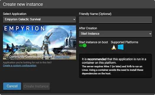 Screenshot of creating a game server instance in AMP