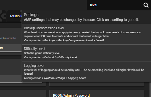 Screenshot of AMPs settings page for a Palworld server