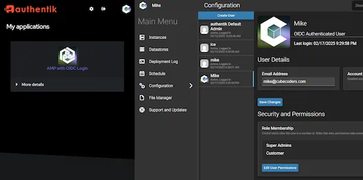 Split screenshot of Authentik and AMP showing user options